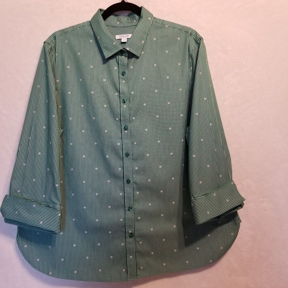 Chicos 3 (XL) Green Button Front Flip Cuff Stripped Polka Dot Cotton Stretch